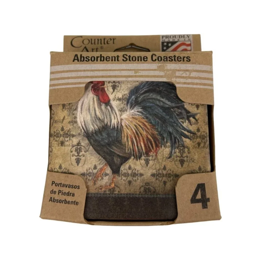 NEW Counter Art Rooster Stone Coasters, Absorbent Cork Backed Farmhouse Gift